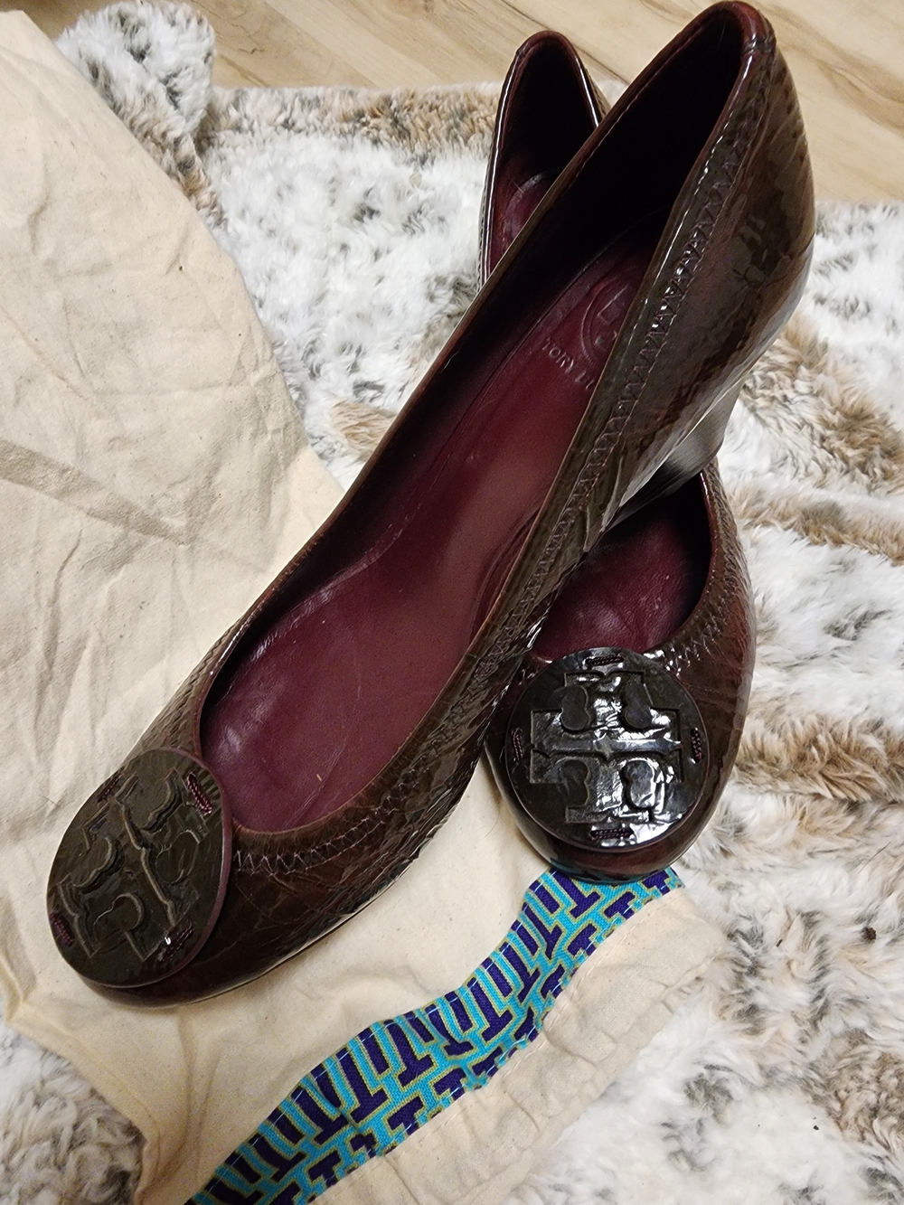 Tory Burch Dark Plum Croc-Embossed Wedges with Logo Medallion